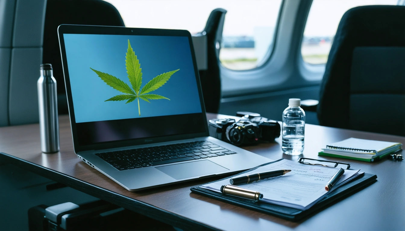 Laptop on table showing green leaf image, with water bottle, camera, notebook, and pen nearby, inside a vehicle