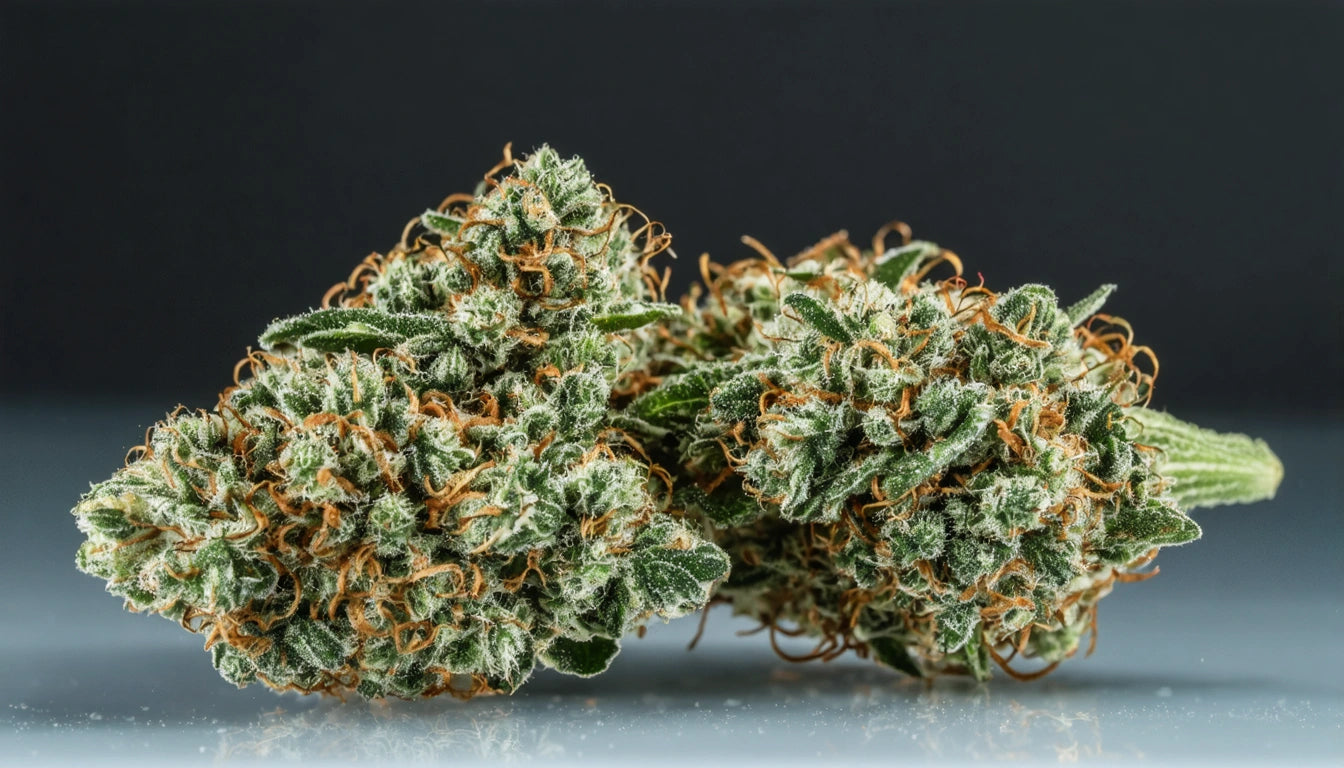 Two dense, green plant buds with orange strands and frosty white crystals against a dark background