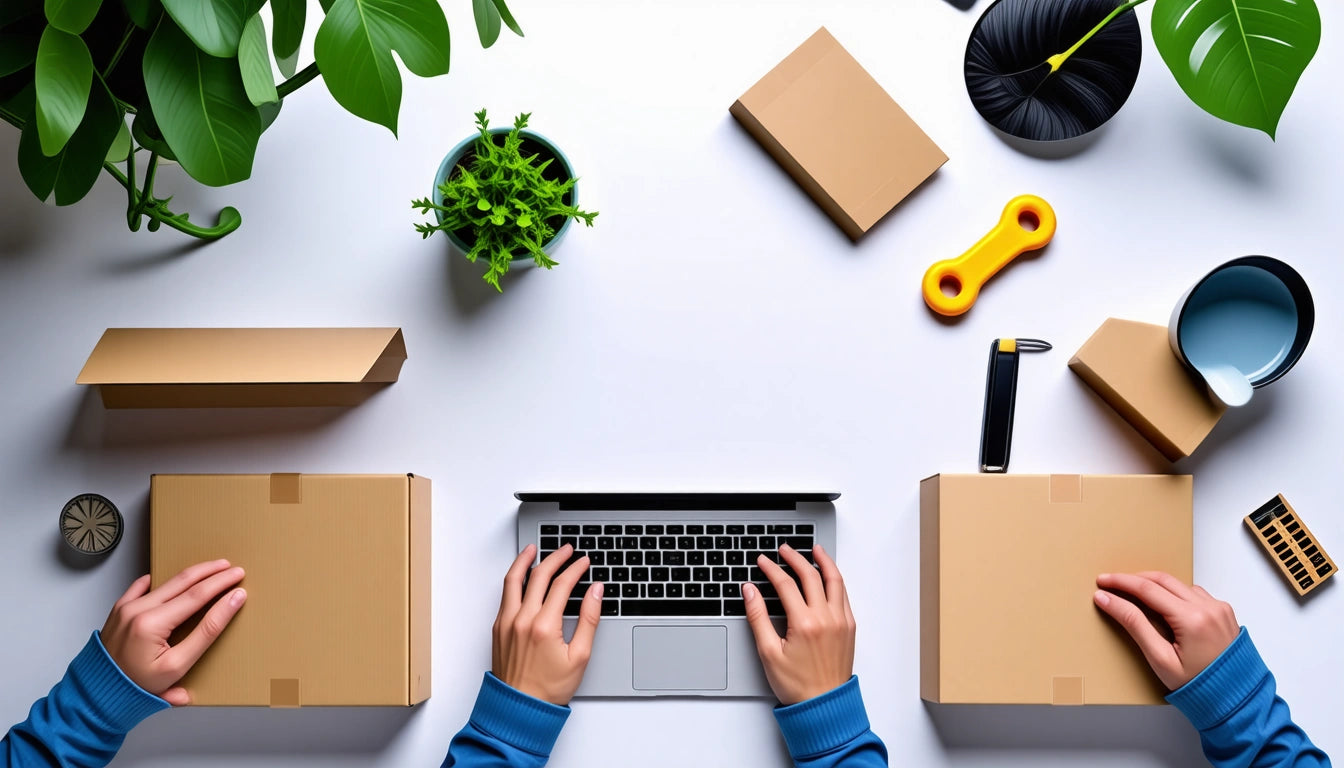 Hands assembling cardboard boxes on a white table with a laptop, plants, a yellow tool, and a cup nearby