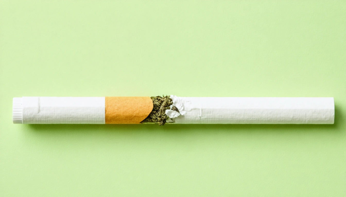 White cigarette with brown filter, partially torn to reveal green plant material inside, on a light green background