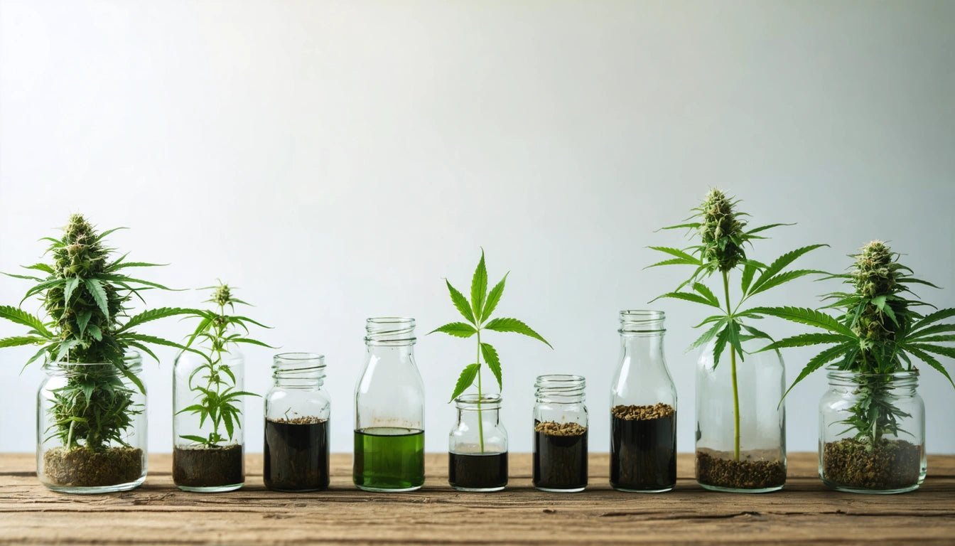 Seven glass jars with soil and cannabis plants on a wooden surface, against a plain white background