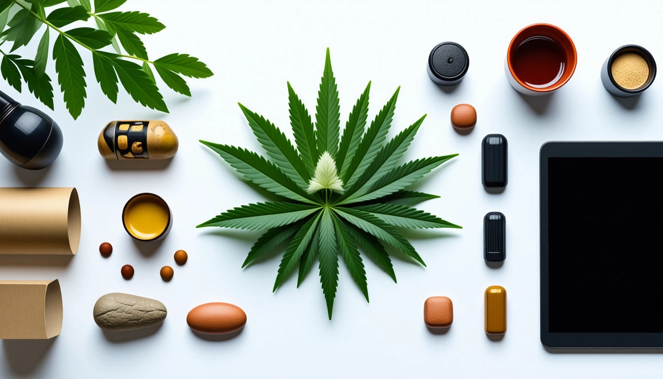 Green leaves arranged in a star shape, surrounded by pills, containers, a tablet, and small bowls on a white surface