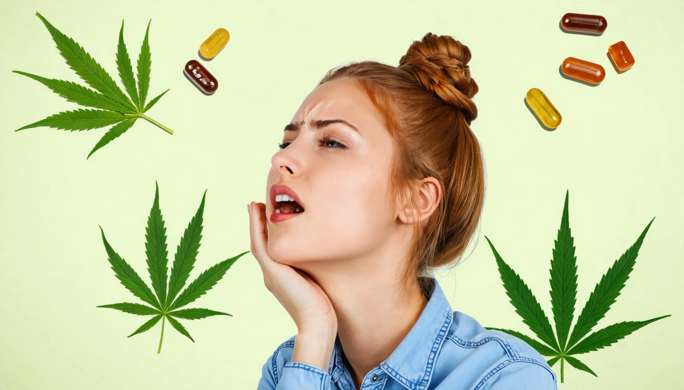 Woman with hand on cheek, looking up, surrounded by green leaves and scattered capsules on a light green background