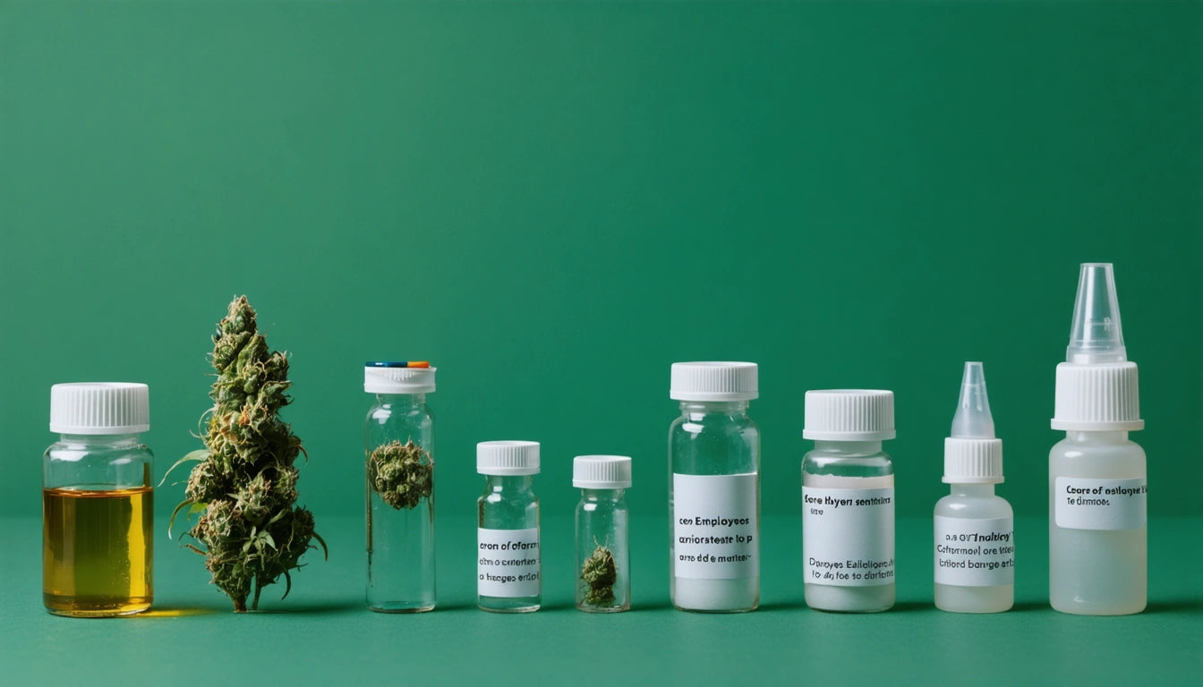 Various bottles and jars with cannabis buds and oil, arranged in a row on a green background