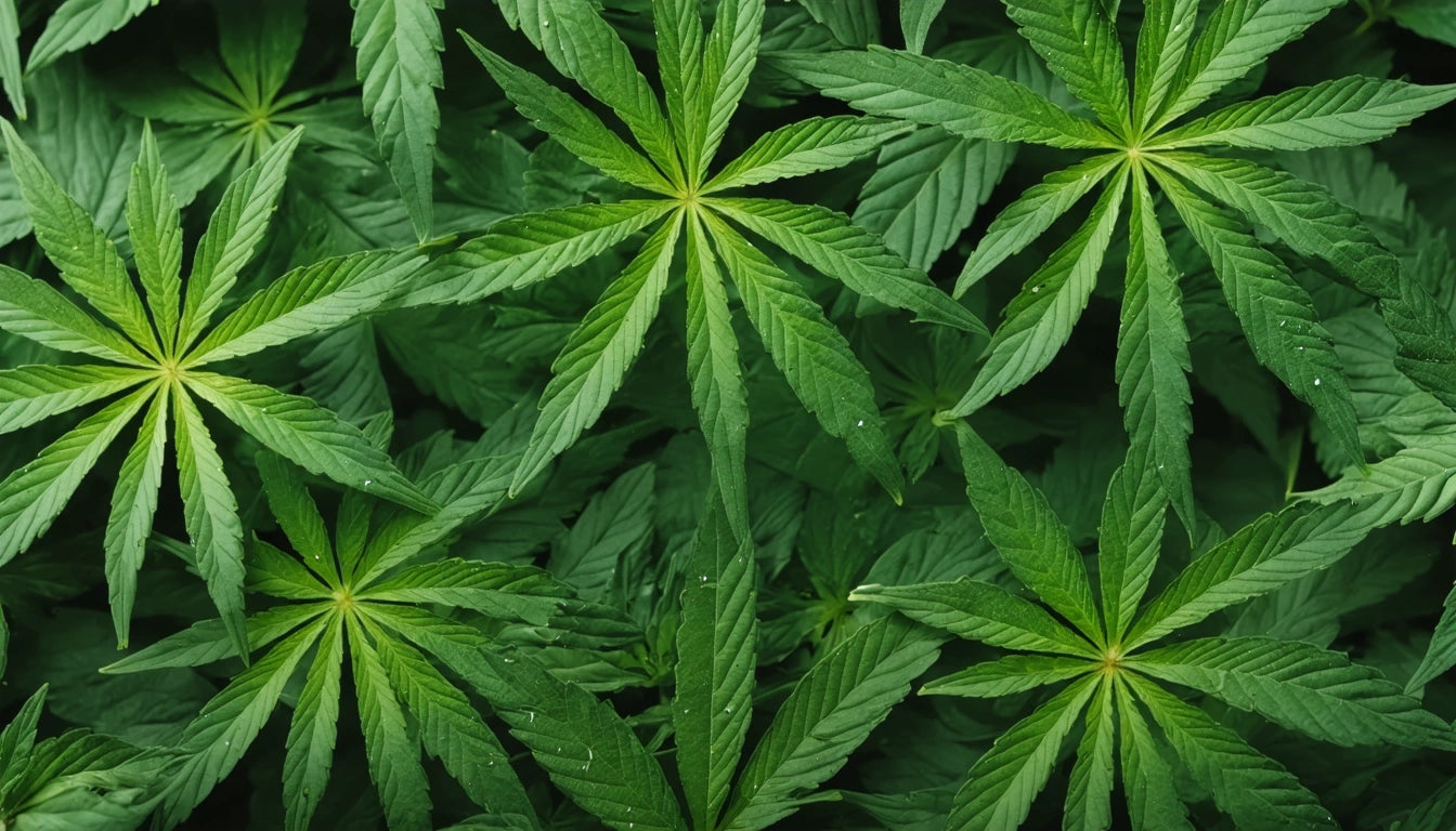 Green leaves with serrated edges and pointed tips overlapping in a dense pattern