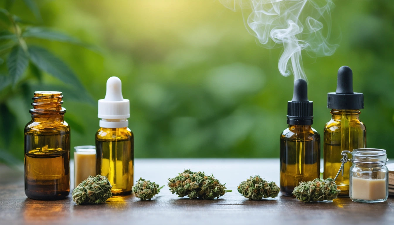 Brown and clear dropper bottles on a table, surrounded by small jars and dried green herbs, with smoke rising from one bottle