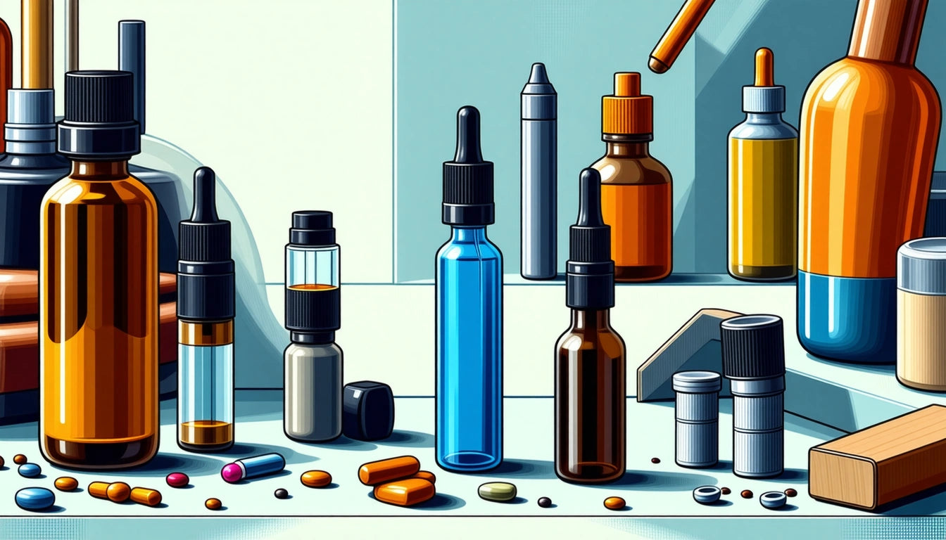 Various bottles with droppers and caps, pills, and capsules scattered on a surface, set against a light background