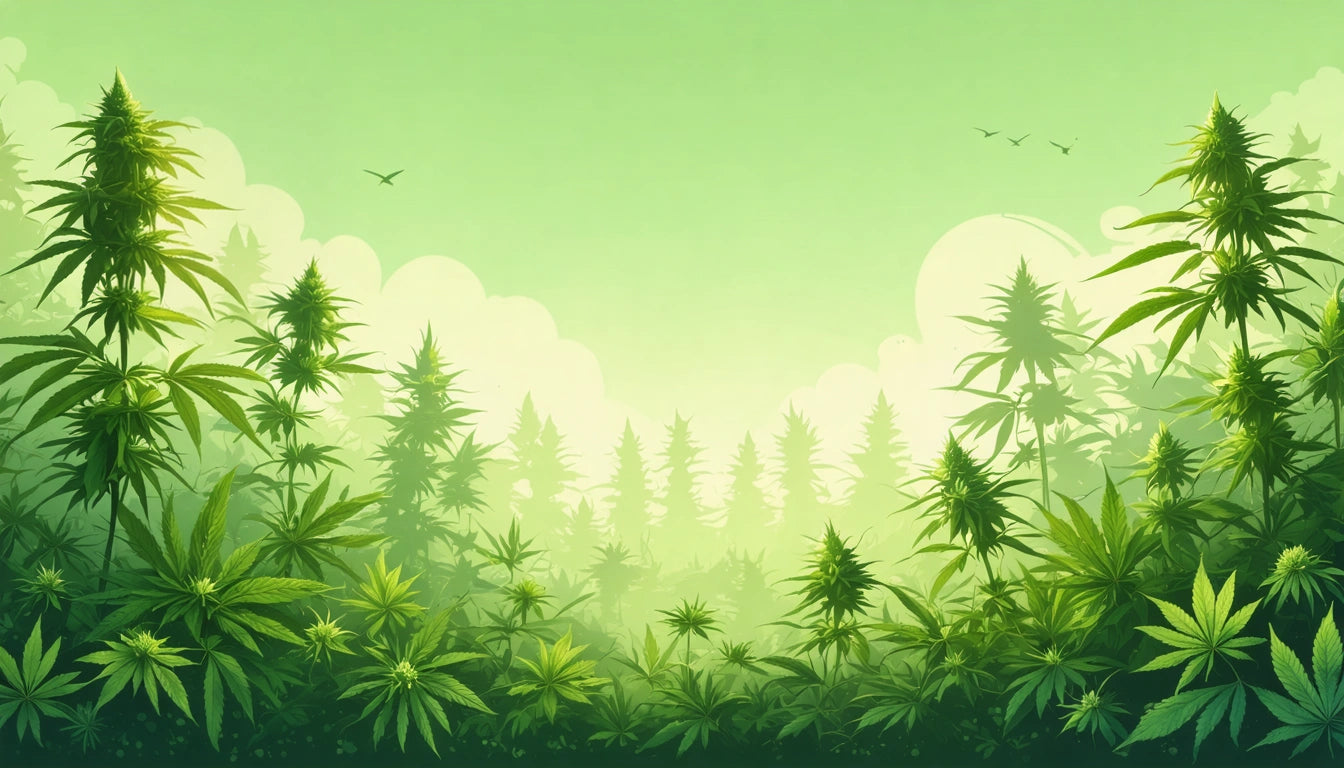 Lush green plants with pointed leaves under a bright sky, birds flying in the distance, soft clouds and sun in the background