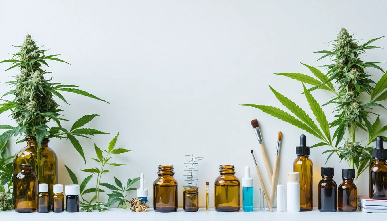 Brown glass bottles, cannabis plants, brushes, and dropper bottles arranged on a white surface against a plain background