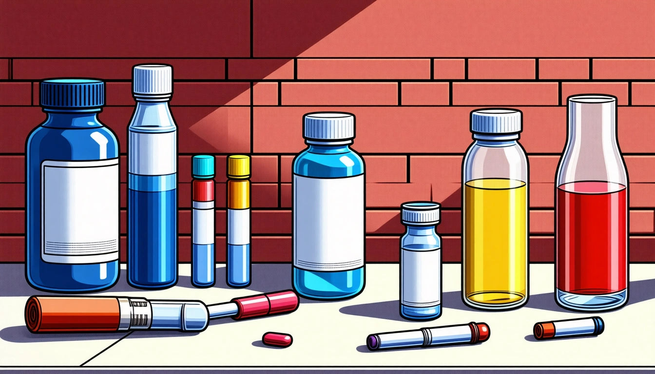 Various bottles and vials with colorful liquids on a table, set against a brick wall with a shadow cast diagonally