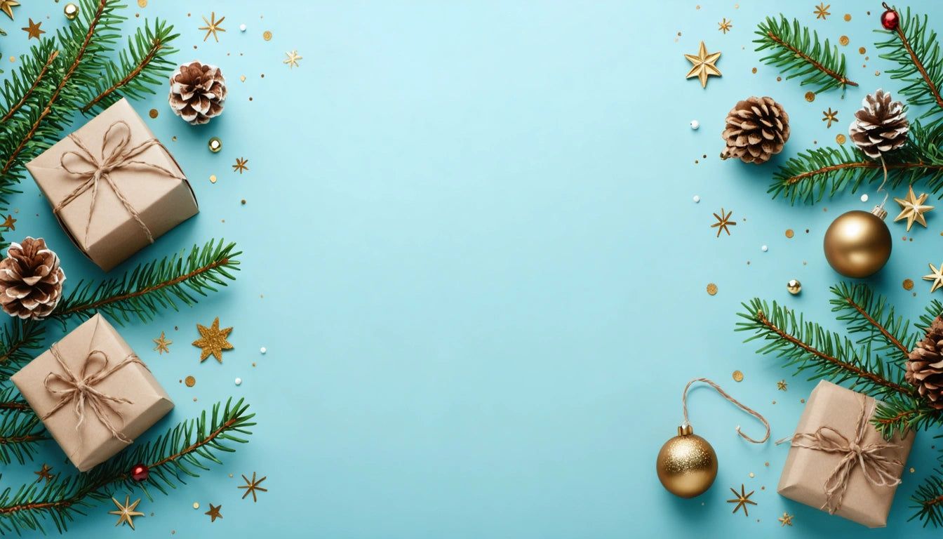 Gift boxes, pinecones, and gold ornaments on a light blue background with green pine branches and scattered stars