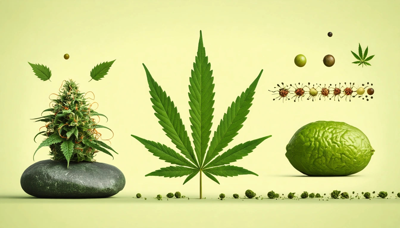 Large green leaf centered, plant on rock left, lime-like fruit right, small particles and leaves scattered on light green background