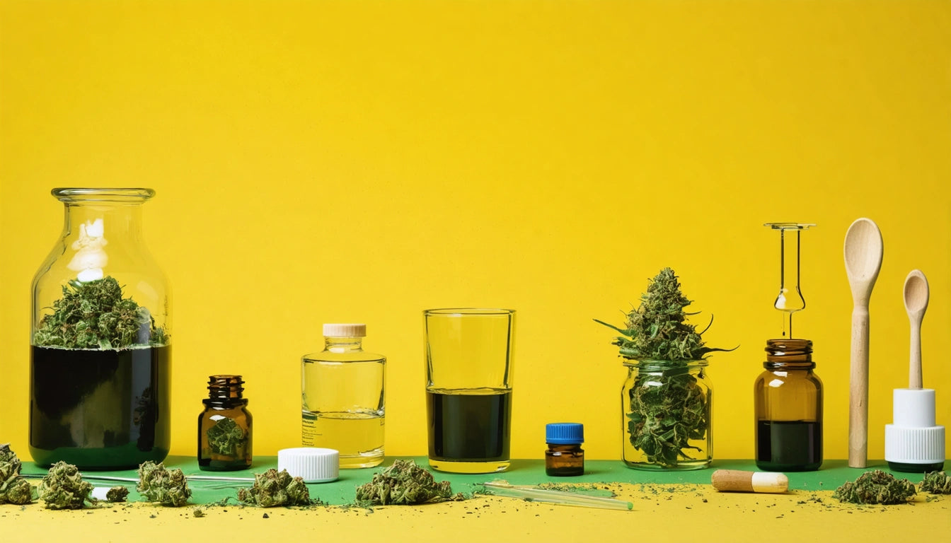 Jars and bottles with green herbs, droppers, and wooden spoons on a green surface against a yellow background