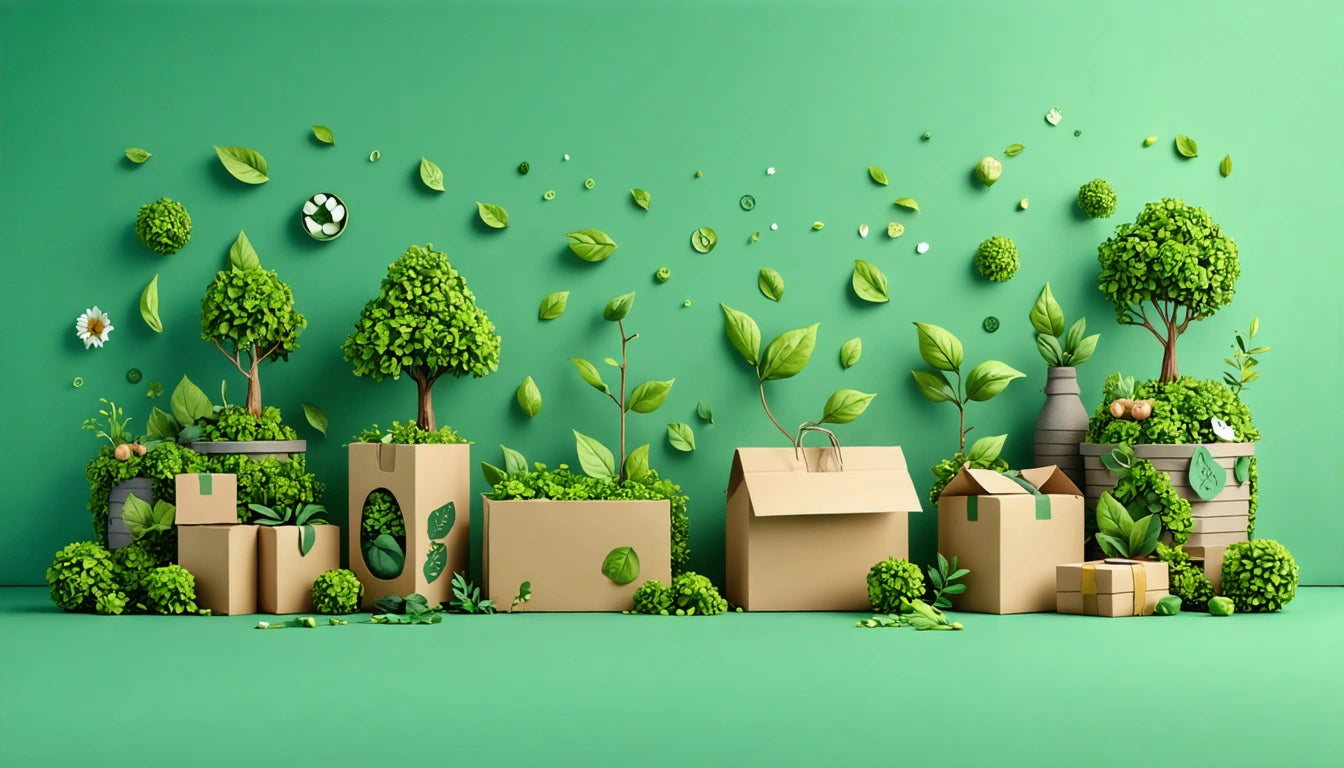 Cardboard boxes with plants and trees growing out, surrounded by floating leaves on a green background