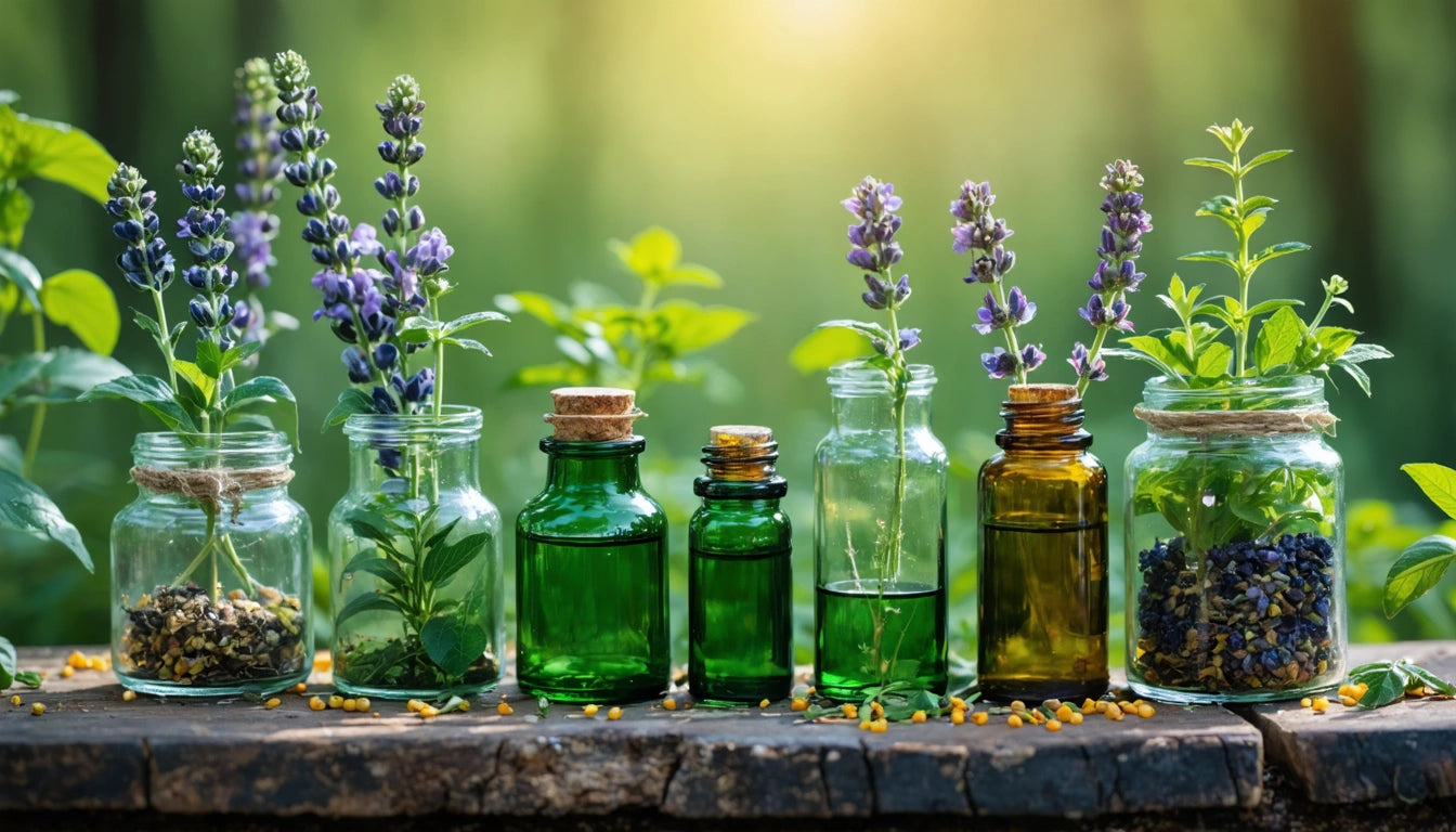 Glass jars filled with herbs and flowers, including lavender, on a wooden surface with a blurred green background