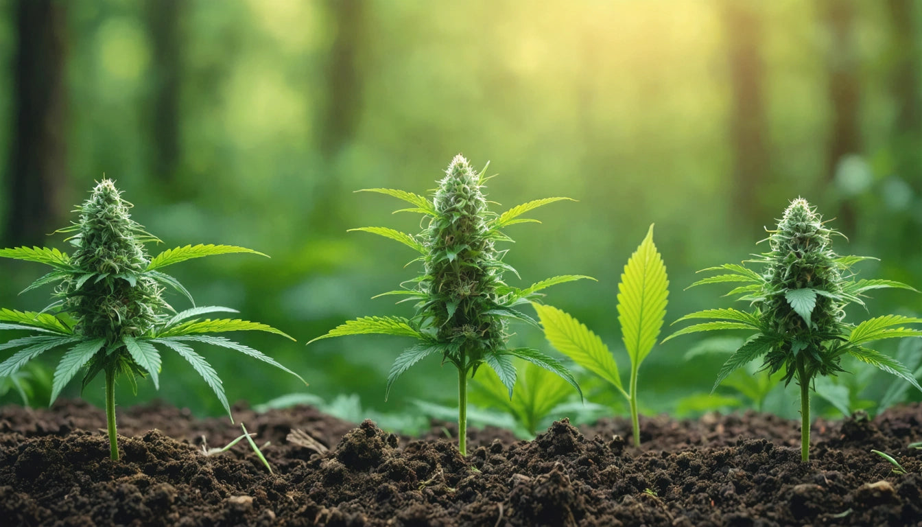 Four green plants growing in soil, with sunlight filtering through a blurred forest background