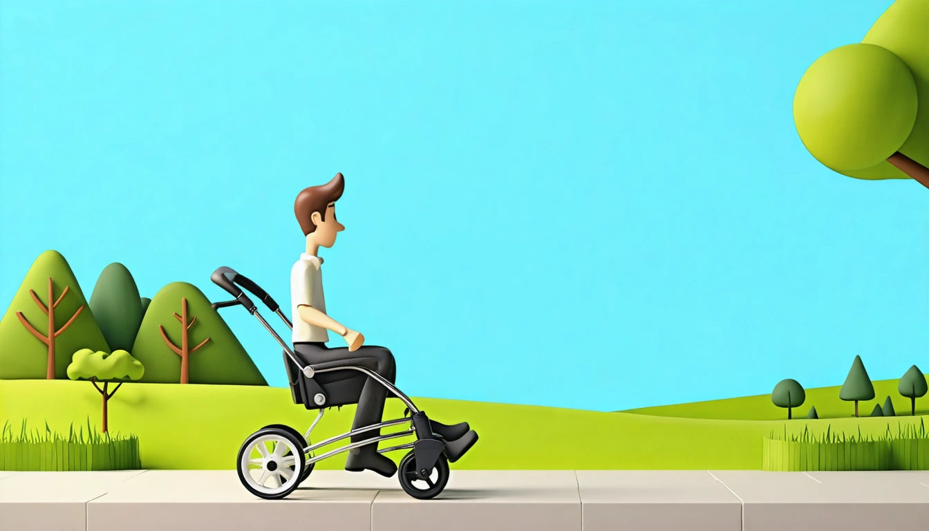 Person sitting in a wheelchair on a sidewalk, surrounded by green hills and trees under a clear blue sky