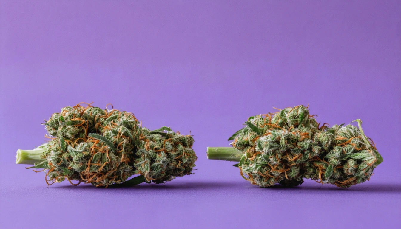 Two green plant buds with orange strands on a purple background