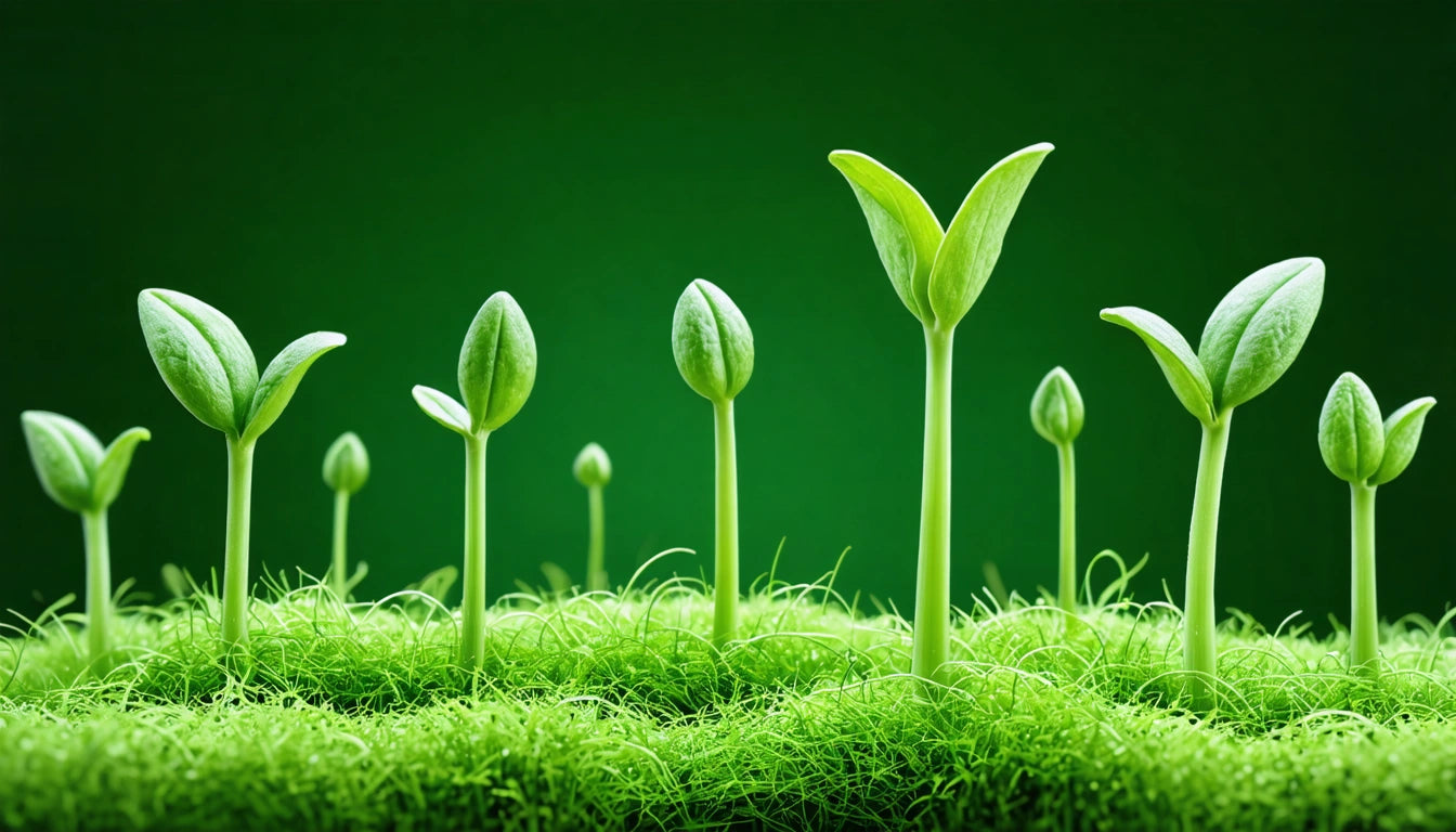 Young green seedlings sprouting from lush grass against a solid green background