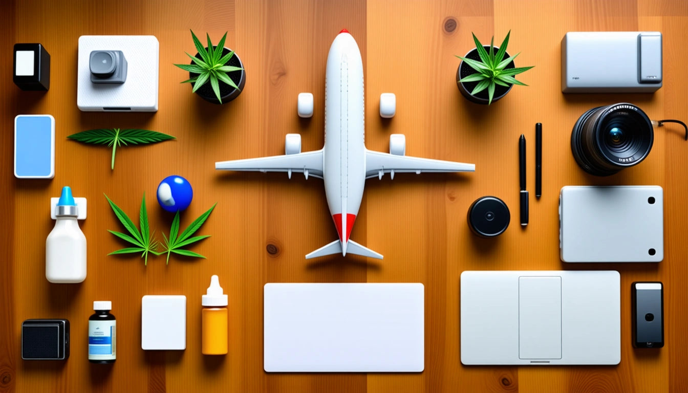 Model airplane surrounded by cameras, plants, tech gadgets, and stationery on a wooden surface