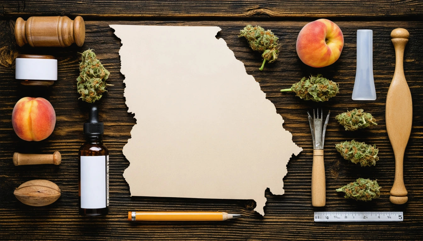 Wooden table with a blank map cutout, peaches, cannabis buds, a dropper bottle, pencil, ruler, and various kitchen tools