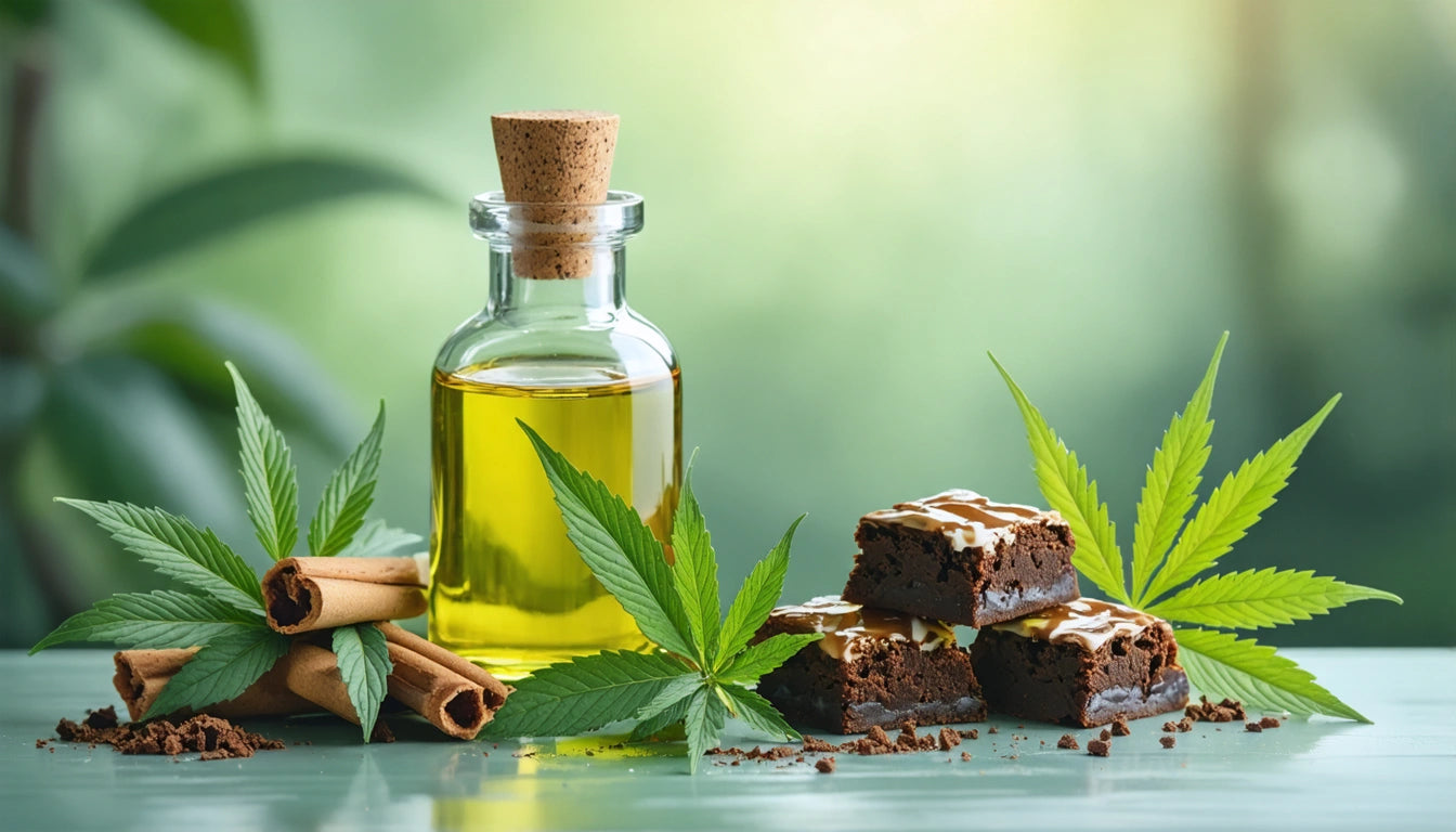 Glass bottle with cork, green liquid; cinnamon sticks, cannabis leaves, chocolate brownies on green surface, blurred background