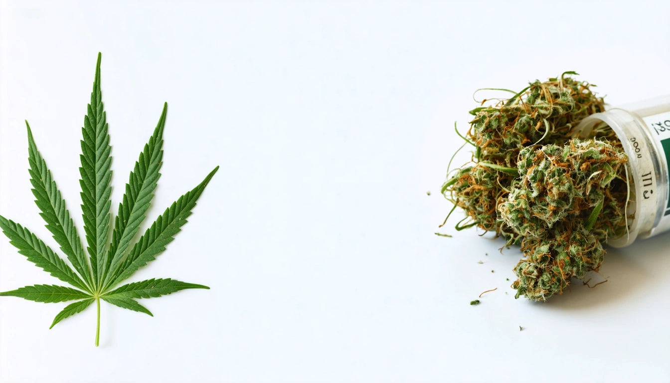Green leaf on left, pile of dried green and orange plant material spilling from a clear container on right, white background