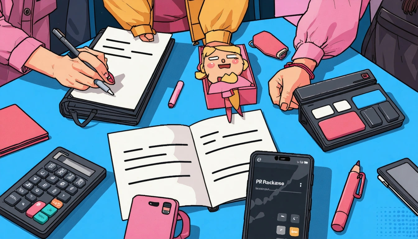 Hands writing in notebooks on blue table, surrounded by calculator, phone, pink pencil case, and cartoon character eraser