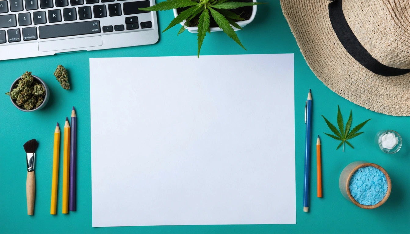 White paper on teal surface, surrounded by colored pencils, laptop corner, potted plant, straw hat, and small containers