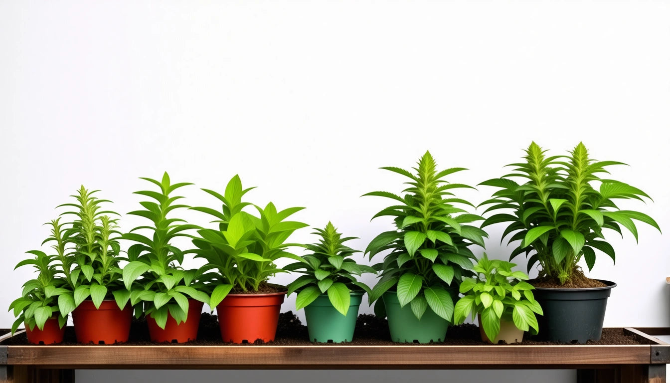 Various green plants in colorful pots lined up on a wooden shelf against a plain white background