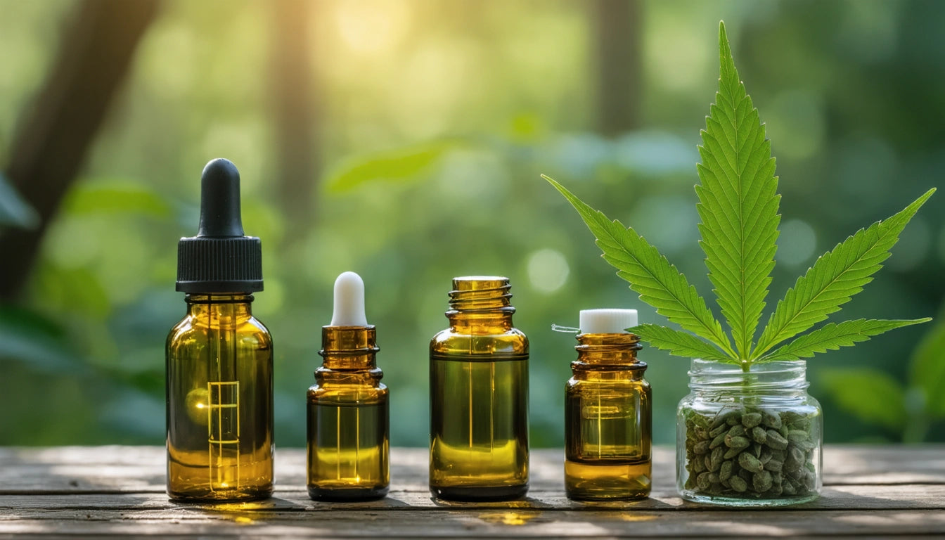 Four amber glass dropper bottles and a jar with a cannabis leaf and seeds on a wooden surface, blurred green background