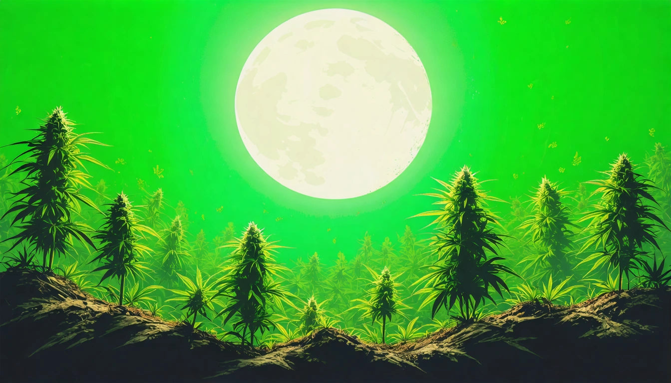 Bright full moon in green sky over silhouetted plants on rolling hills