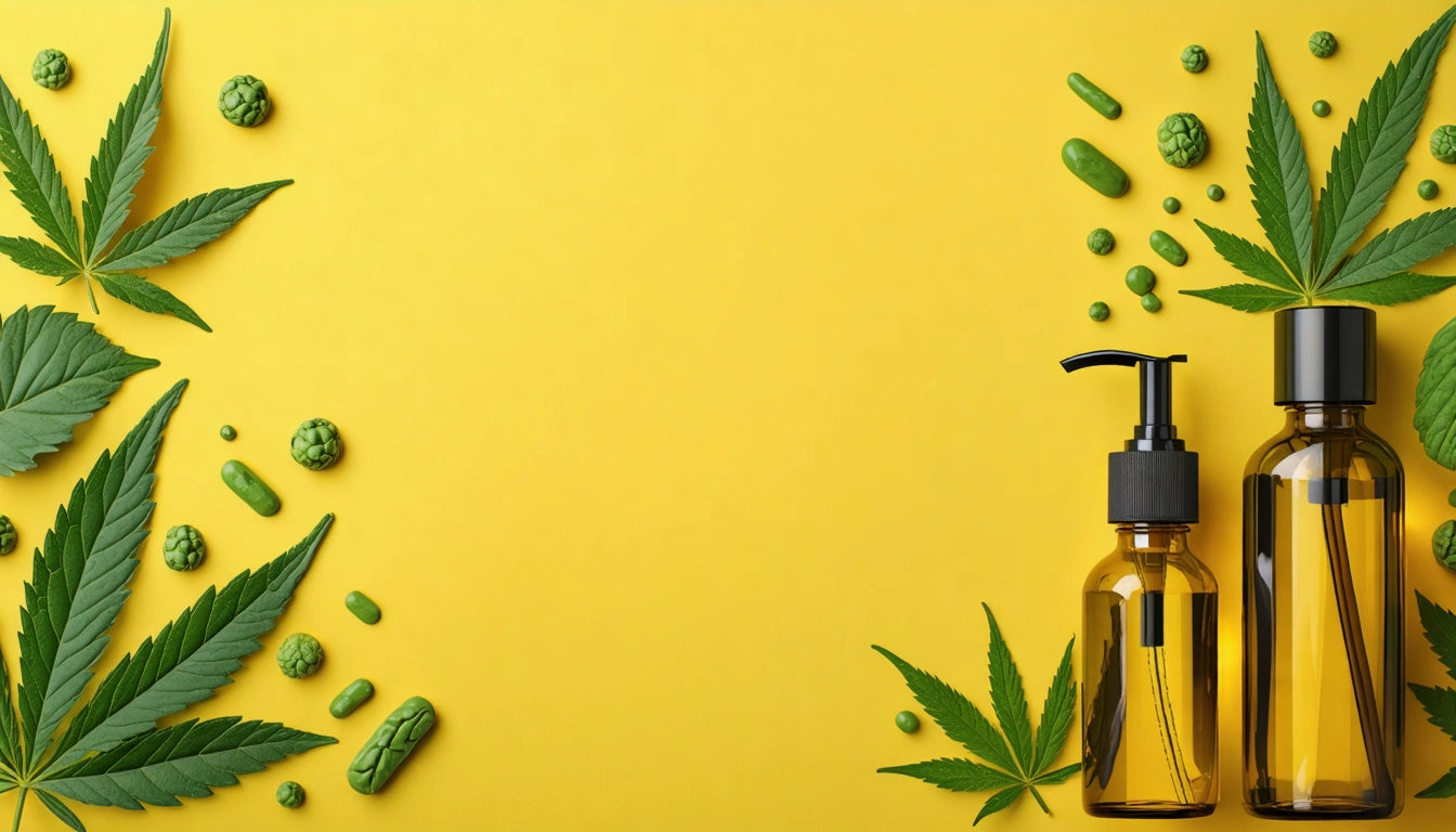 Brown pump bottles, green leaves, and capsules scattered on a yellow background