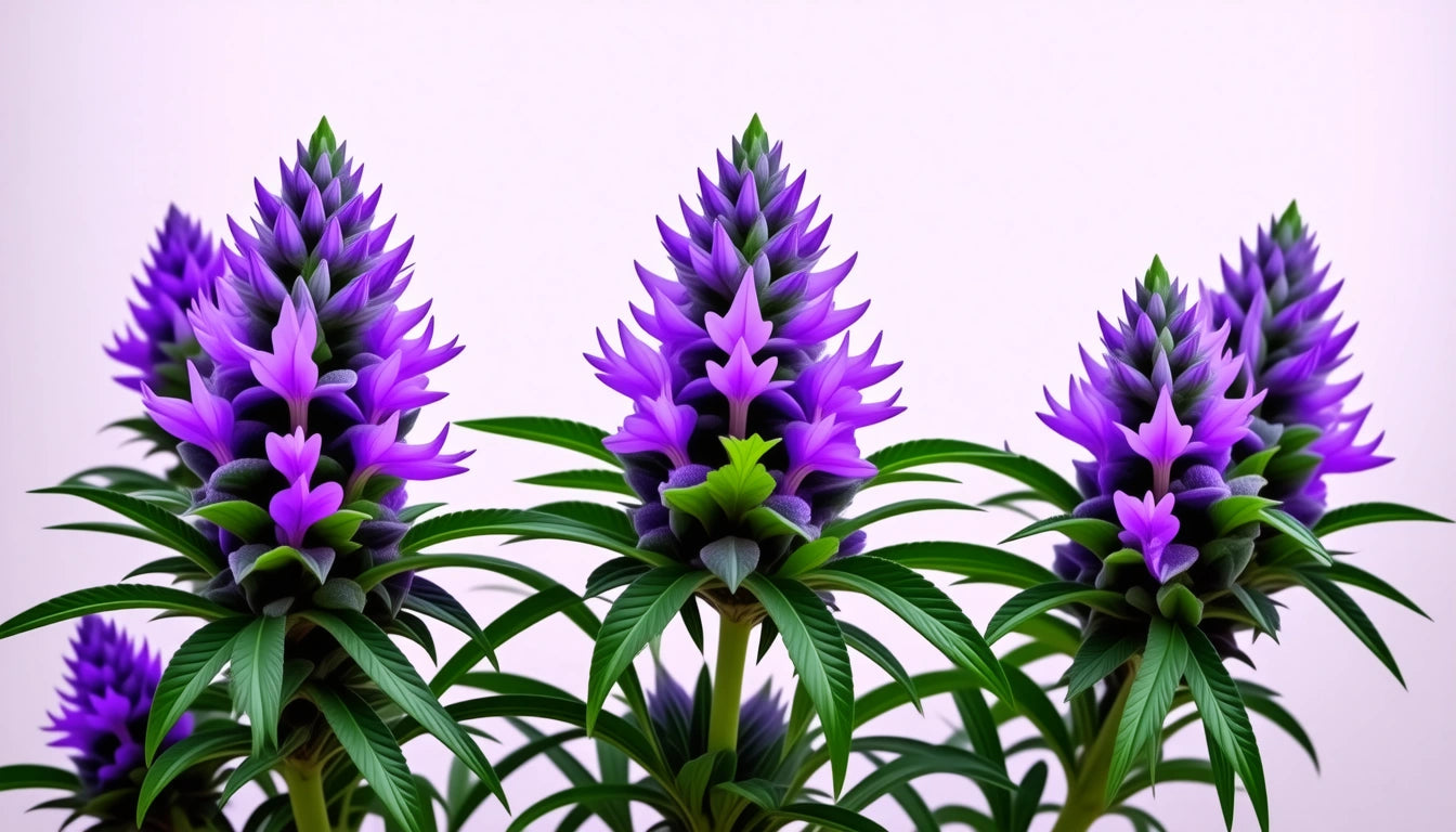 Three vibrant purple and green spiky flowers with layered petals against a plain white background