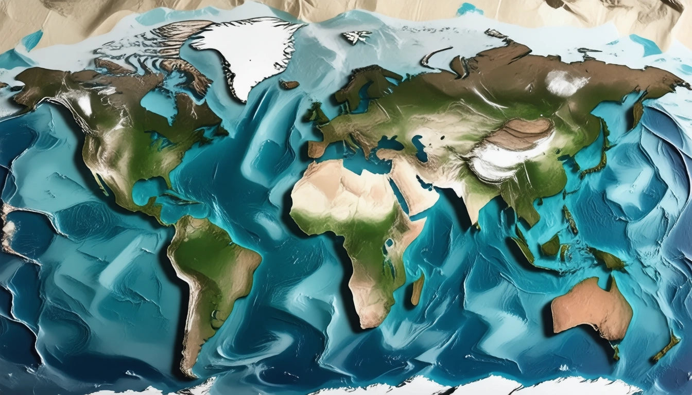Textured world map with raised continents in green and brown, surrounded by swirling blue and white ocean patterns