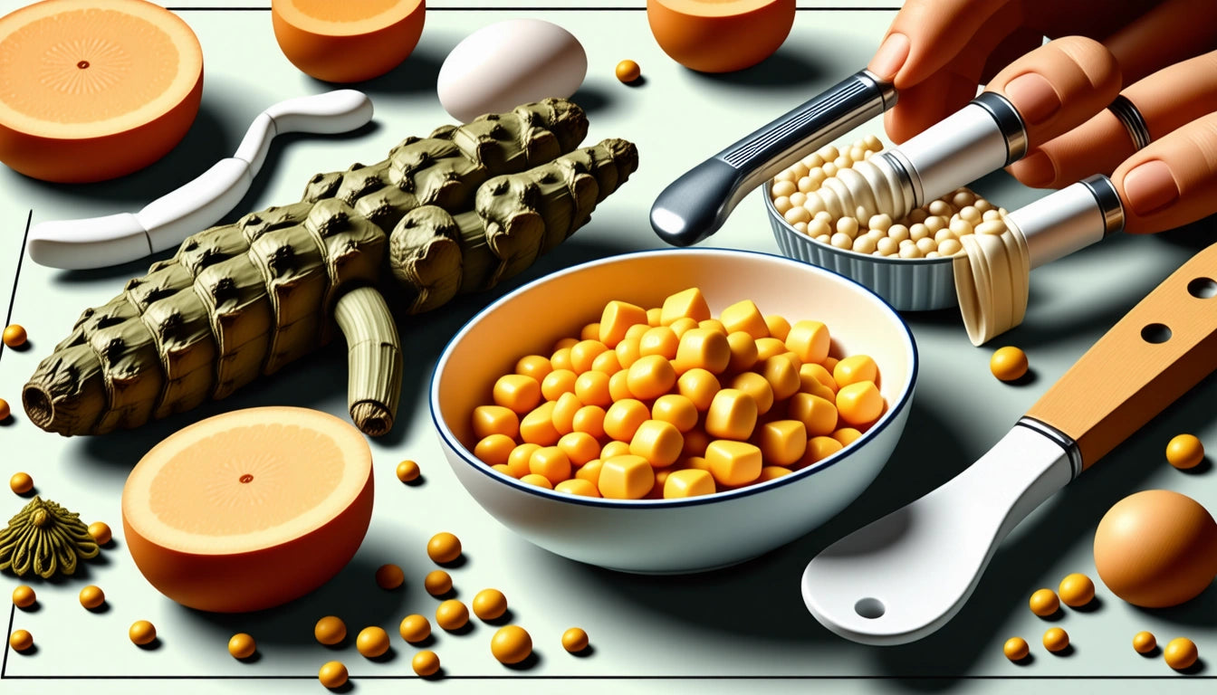 Hands using a spiral cutter on corn, surrounded by grapefruit halves, corn kernels in bowls, and scattered peas on a table