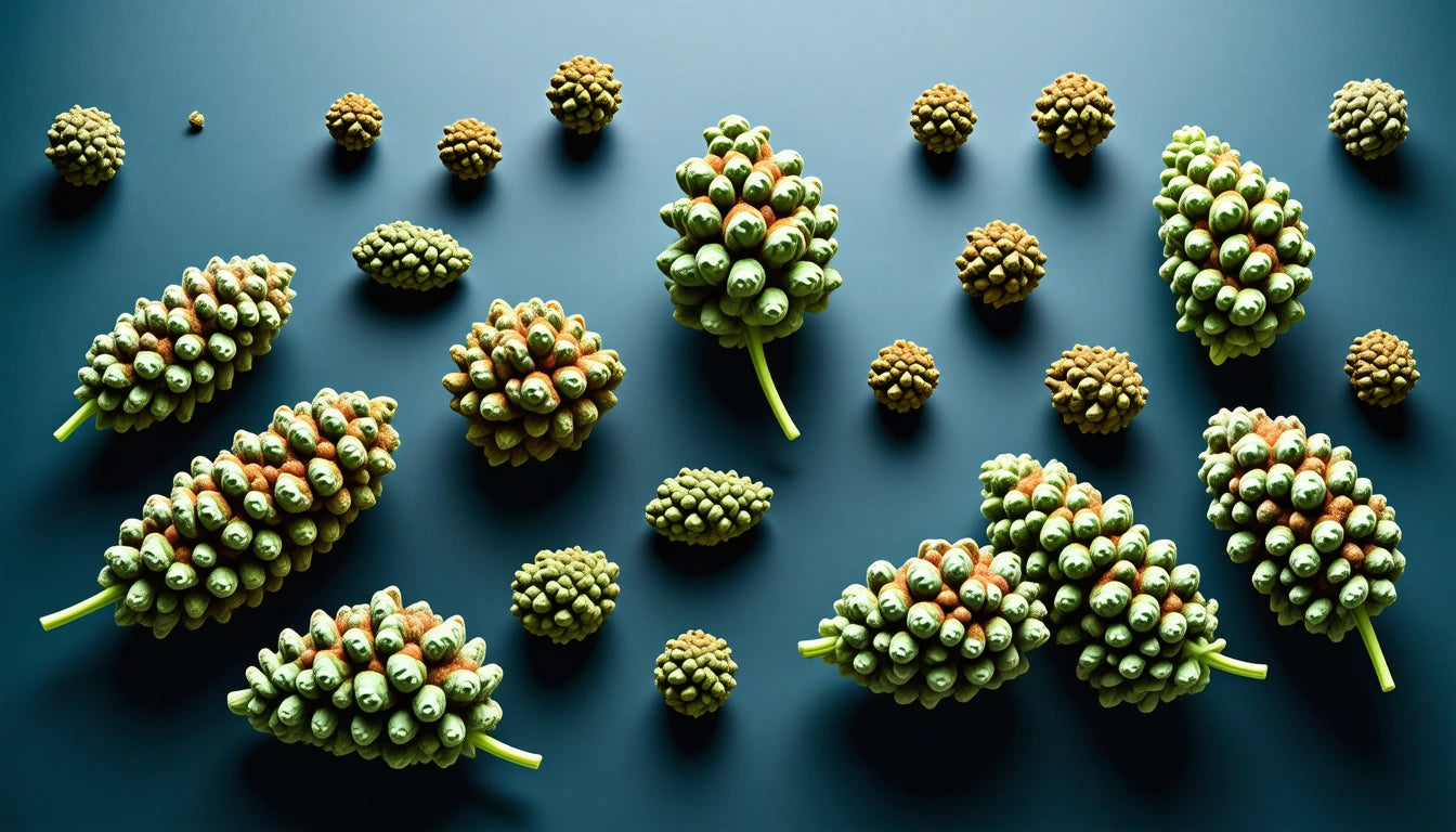 Green and brown pine cones scattered on a dark blue surface