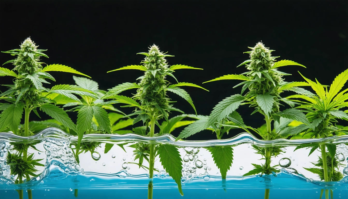 Green plants with serrated leaves and buds above a wavy, transparent surface with water droplets, set against a black background