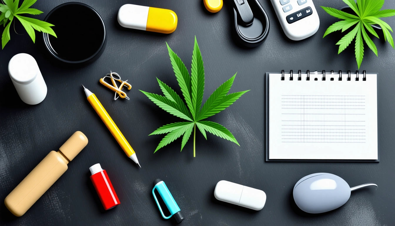 Green cannabis leaf surrounded by a notepad, pen, pills, vape, remote, mouse, and coffee cup on a dark surface