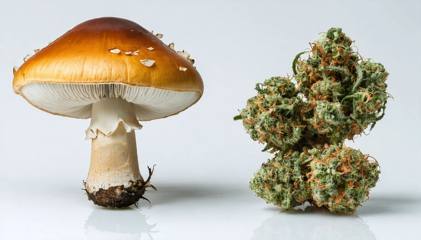 Brown mushroom with white stem next to a green, textured plant cluster on a white background