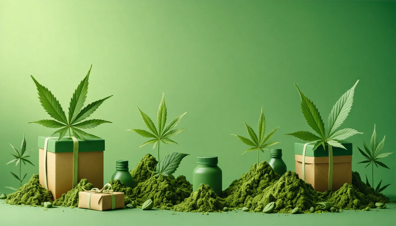 Green bottles and boxes among piles of green powder and cannabis leaves on a green background