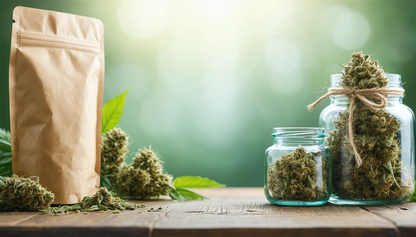 Brown paper bag and glass jar with dried herbs on wooden table, green blurred background, scattered leaves and buds