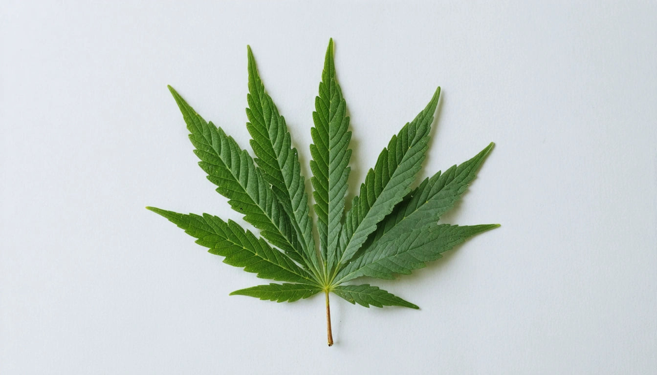 Green leaf with seven pointed, serrated edges on a white background