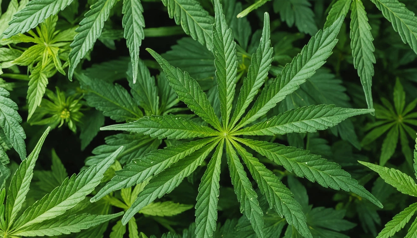 Green leaves with serrated edges and pointed tips, radiating from central stems, overlapping each other