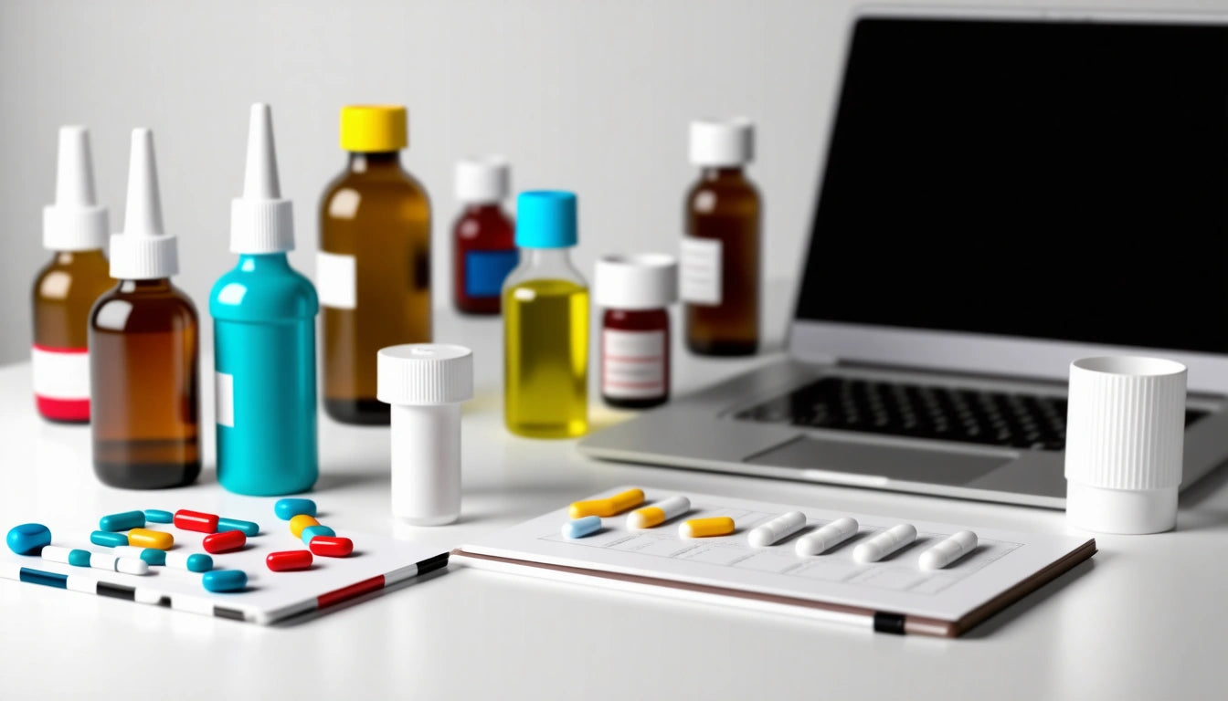 Various medicine bottles and blister packs with pills on a desk beside an open laptop
