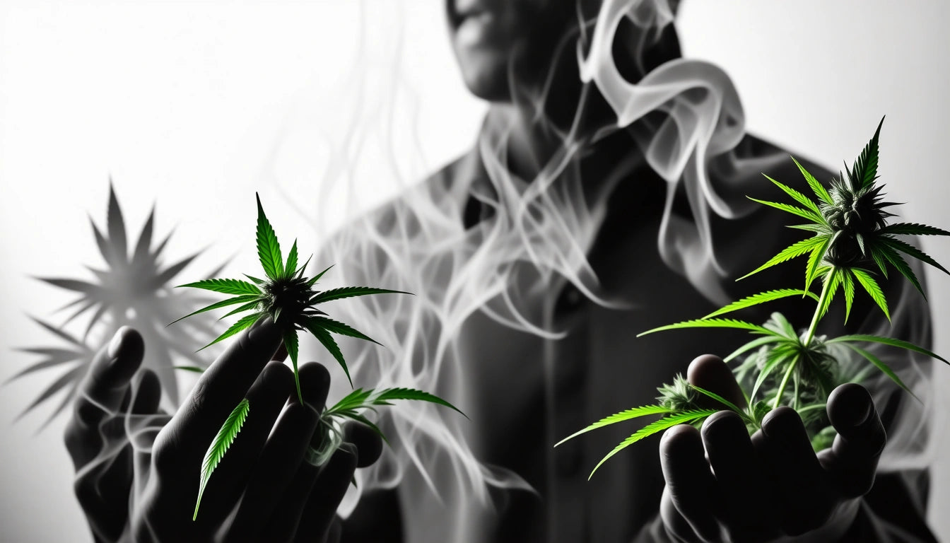 Person holding cannabis leaves with smoke swirling around, black and white background, green leaves in focus