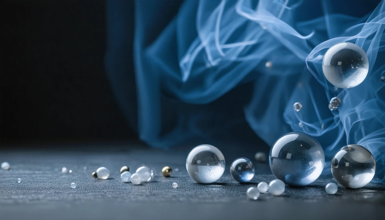 Translucent spheres on dark surface with swirling blue smoke in the background