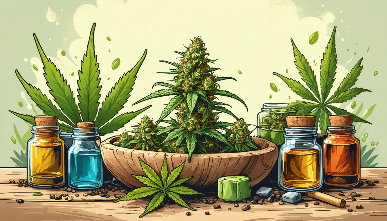 Wooden bowl with green plant, surrounded by glass jars with colored liquids and large green leaves in the background