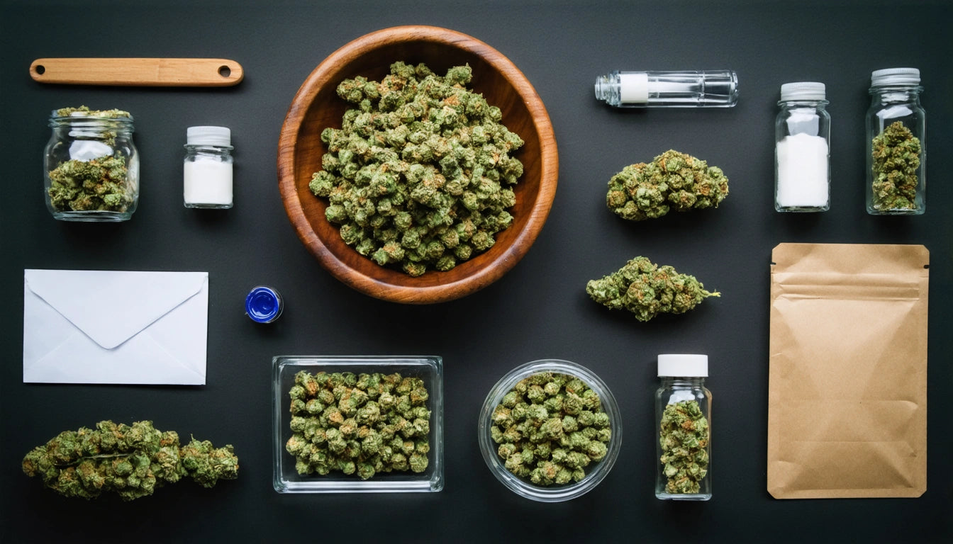 Wooden bowl and glass jars filled with green buds, arranged on a dark surface with small bottles and a brown envelope