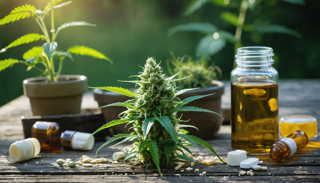Potted plants and glass jars with liquid on wooden table, surrounded by scattered pills and capsules